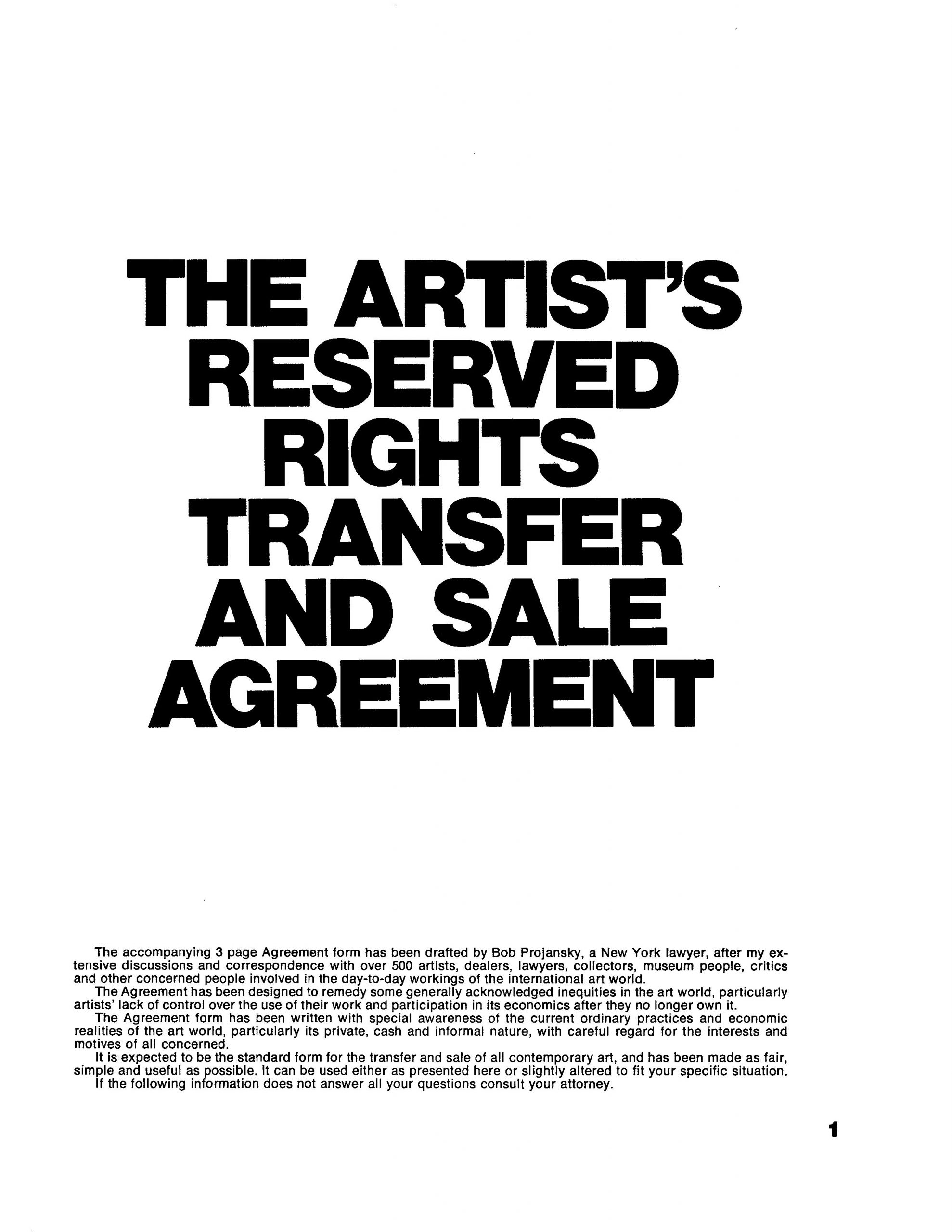 Seth Siegelaub, Robert Projansky, The Artists Reserved Rights Transfer and Sale Agreement (1971)